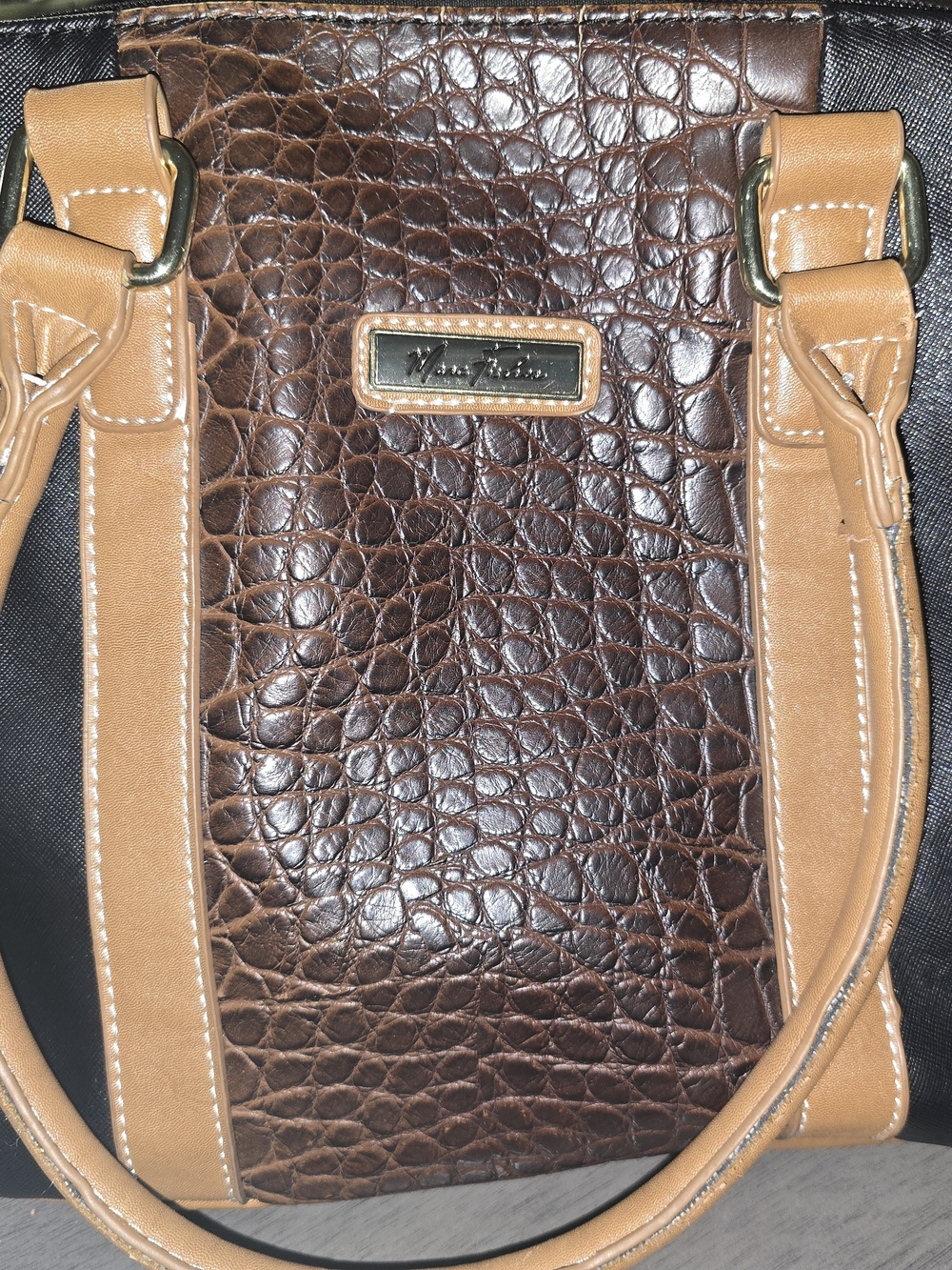 Marc Fisher Brown Croc-Embossed Shoulder Bag with Tan Trim